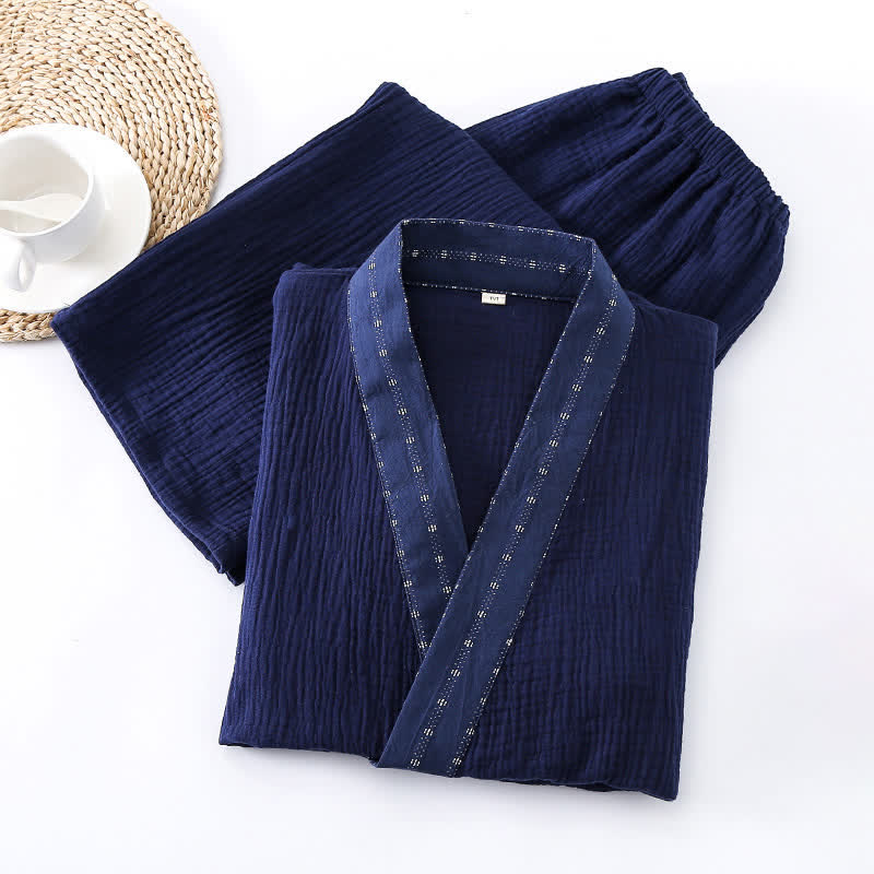 Completo pigiama kimono in garza di cotone blu navy - image 4