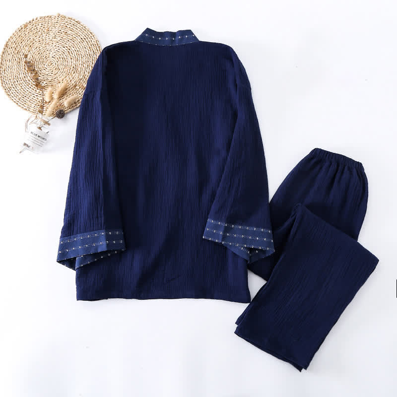 Completo pigiama kimono in garza di cotone blu navy - image 2