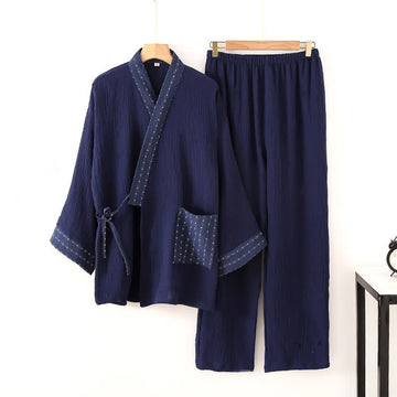 Completo pigiama kimono in garza di cotone blu navy - Blu navy - XL - image 0