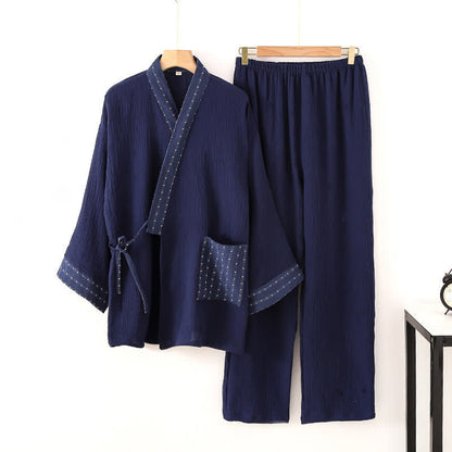 Completo pigiama kimono in garza di cotone blu navy - Blu navy - XL - image 0