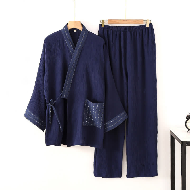Completo pigiama kimono in garza di cotone blu navy - Blu navy - XL - image 0