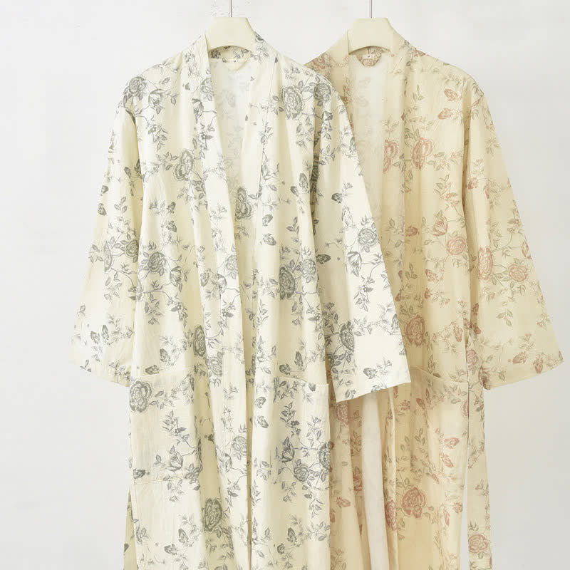 Kimono in cotone e lino con stampa floreale pastorale - image 2