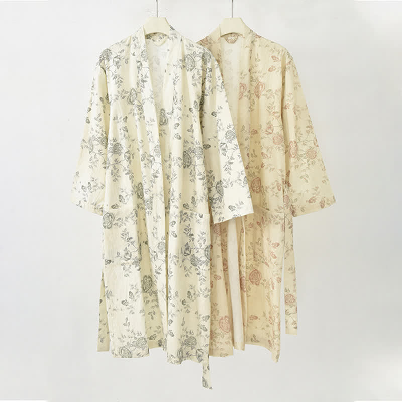 Kimono in cotone e lino con stampa floreale pastorale - image 1
