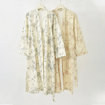 Kimono in cotone e lino con stampa floreale pastorale - image 1