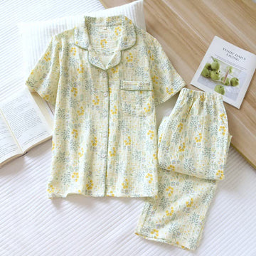 Set pigiama in garza di cotone con motivo tulipani e foglie - Verde e giallo - XL - image 0