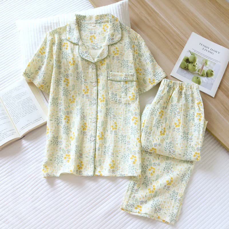 Set pigiama in garza di cotone con motivo tulipani e foglie - Verde e giallo - XL - image 0