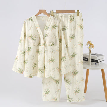 Completo pigiama in garza di cotone con motivo floreale - Verde e beige - XL - image 0
