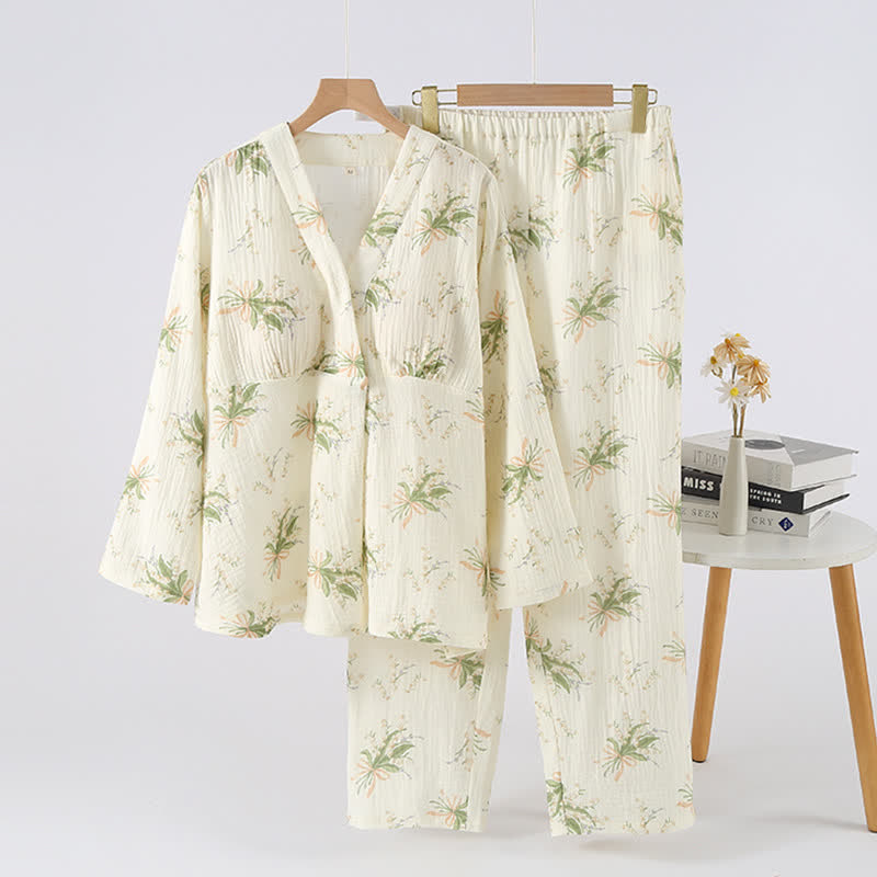 Completo pigiama in garza di cotone con motivo floreale - Verde e beige - XL - image 0