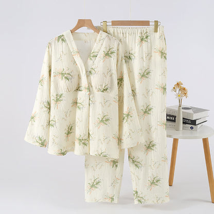 Completo pigiama in garza di cotone con motivo floreale - Verde e beige - XL - image 0