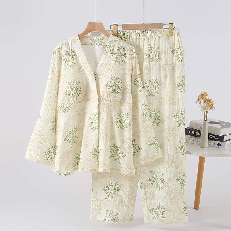 Set pigiama in garza di cotone con motivo a foglie botaniche - Verde e beige - XL - image 0
