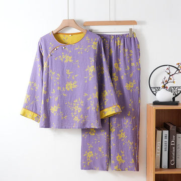Completo pigiama in cotone con stampa floreale di ispirazione asiatica - Viola - 2XL - image 0