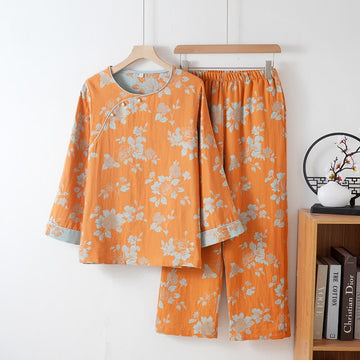 Pigiama in cotone con stampa floreale in stile vintage asiatico - Arancia - 2XL - image 0