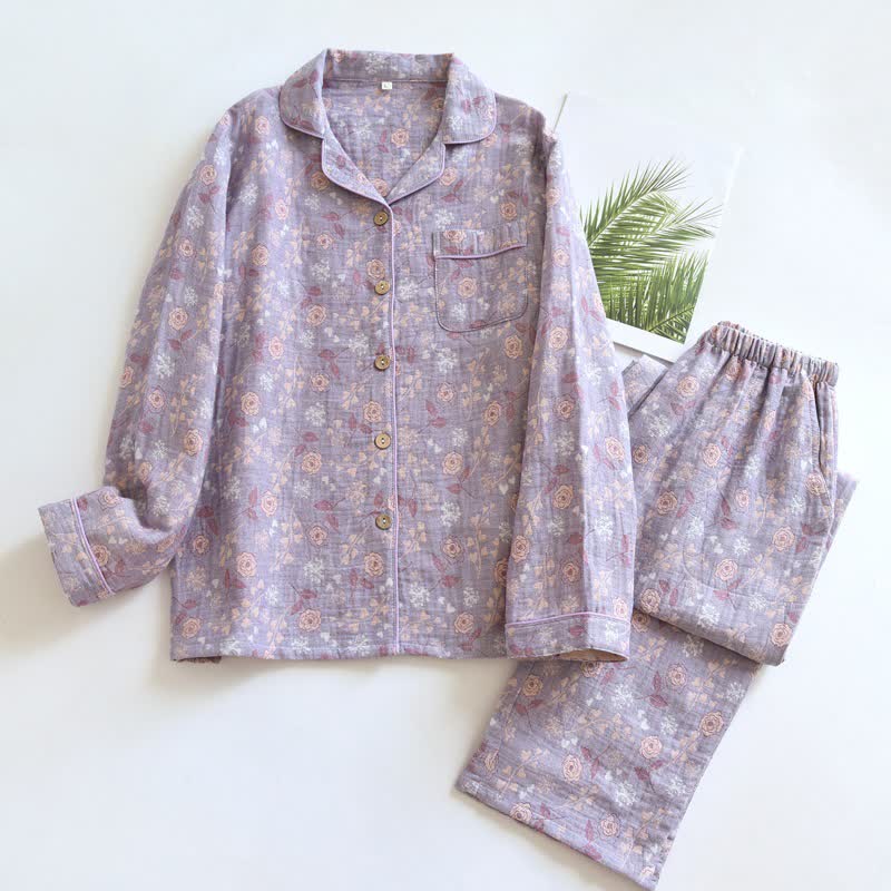 Set pigiama in cotone jacquard con motivo a rose, ispirato allo stile vintage. - Viola - XL - image 16