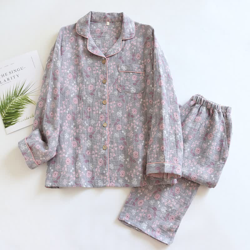 Set pigiama in cotone jacquard con motivo a rose, ispirato allo stile vintage. - Grigio - XL - image 20