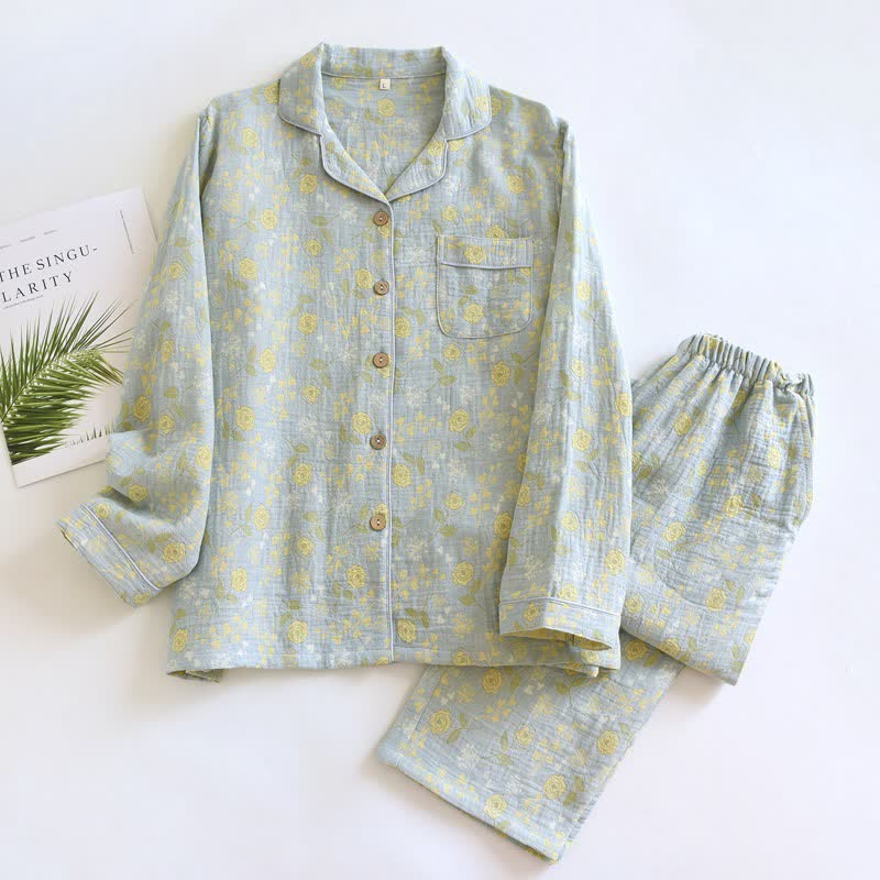 Set pigiama in cotone jacquard con motivo a rose, ispirato allo stile vintage. - Verde - XL - image 18