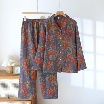 Pigiama in garza di cotone con stampa floreale d'ispirazione vintage - Grigio - 2XL - image 0