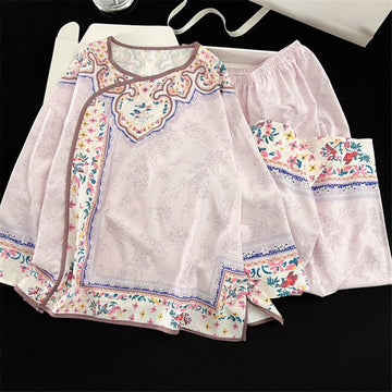 Pigiama floreale viola chiaro in stile Hanfu vintage - Viola - XL - image 0