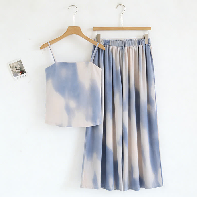 Completo da notte con canotta e pantaloni con stampa artistica blu. - Blu - 2XL - image 0