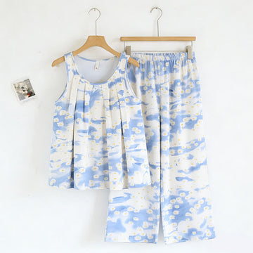 Completo pigiama composto da canotta e pantaloni in cotone con motivo floreale. - Blu - 2XL - image 0