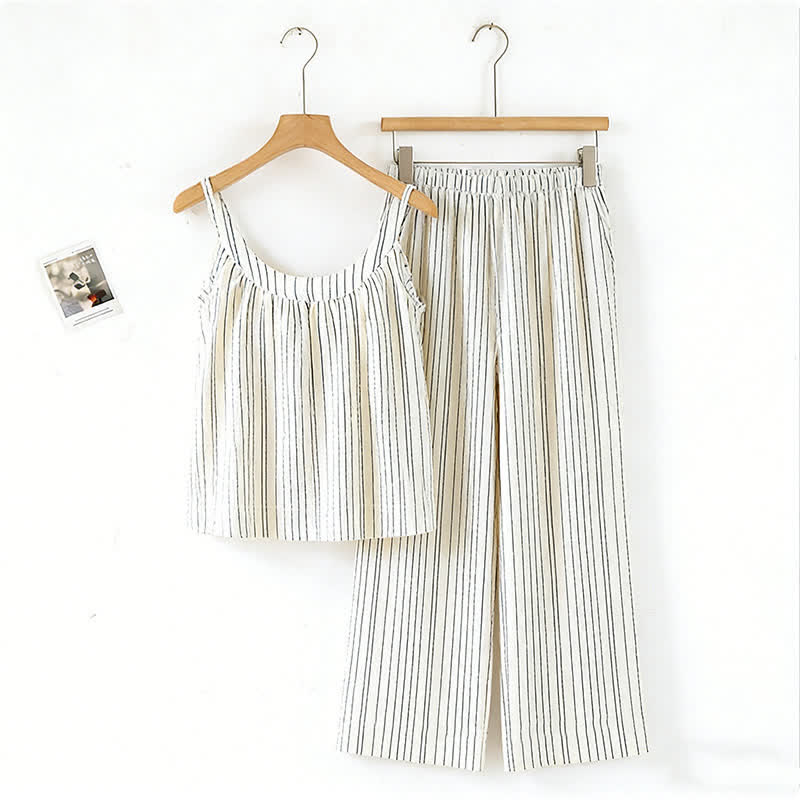 Completo pigiama minimalista senza maniche in cotone a righe. - Beige - XL - image 10