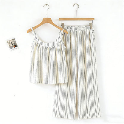 Completo pigiama minimalista senza maniche in cotone a righe. - Beige - XL - image 10