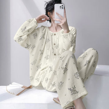 Completo da casa in cotone a doppia garza con motivo a foglie - Beige - 2XL - image 0