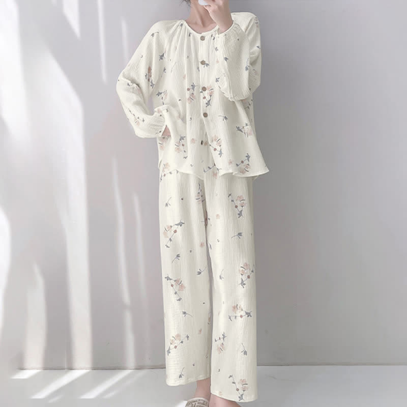 Pigiama rustico in doppio strato di garza di cotone con stampa floreale - image 1