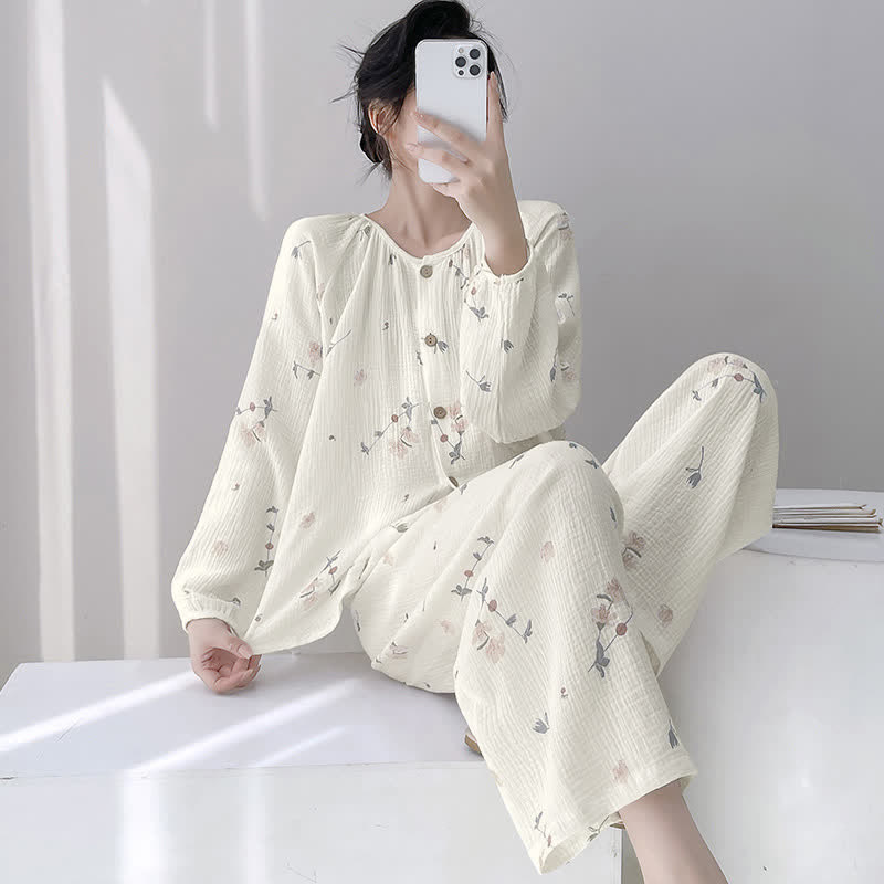 Pigiama rustico in doppio strato di garza di cotone con stampa floreale - Beige - 2XL - image 0