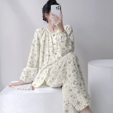 Pigiama in doppio strato di cotone con stampa floreale grigia. - Beige - 2XL - image 0