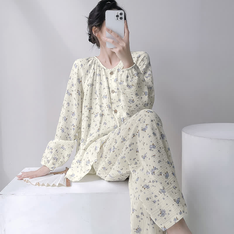 Pigiama in doppio strato di cotone con stampa floreale grigia. - Beige - 2XL - image 0