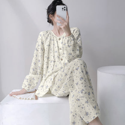 Pigiama in doppio strato di cotone con stampa floreale grigia. - Beige - 2XL - image 0