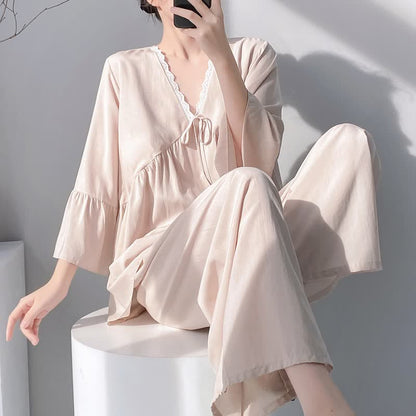 Completo pigiama tinta unita con scollo a V e bordo in pizzo - Beige - 2XL - image 12