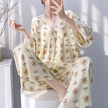 Pigiama rustico con motivo floreale e bordo in pizzo a fiocco - Beige - 2XL - image 0