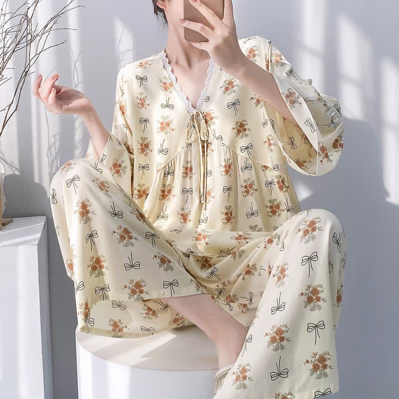 Pigiama rustico con motivo floreale e bordo in pizzo a fiocco - Beige - 2XL - image 0