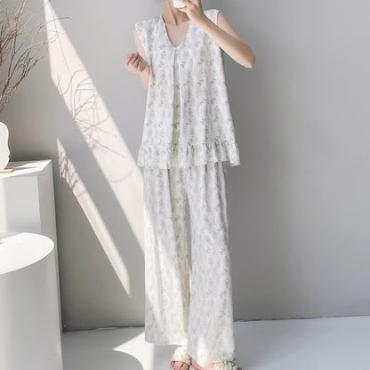 Elegante pigiama composto da canotta e pantaloni con stampa a foglie. - image 1
