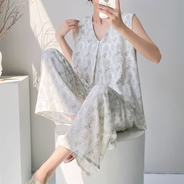 Elegante pigiama composto da canotta e pantaloni con stampa a foglie. - Verde - 2XL - image 0