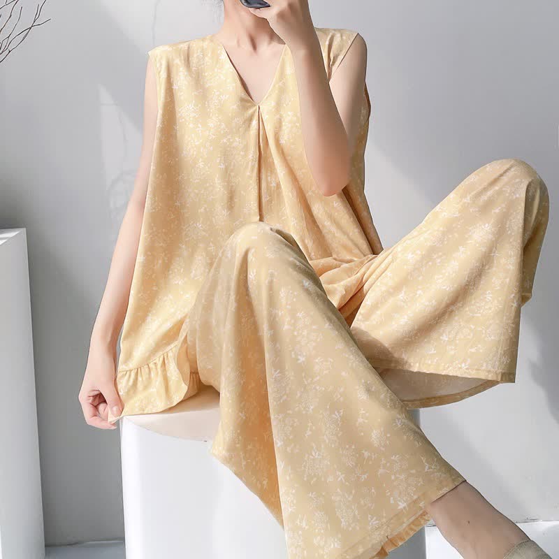 Pigiama composto da canotta e pantaloni con motivo floreale giallo a foglie. - Giallo - 2XL - image 0