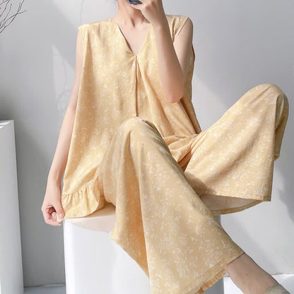 Pigiama composto da canotta e pantaloni con motivo floreale giallo a foglie. - Giallo - 2XL - image 0