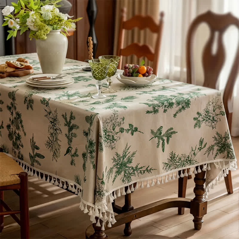 Tovaglia da pranzo con frange e stampa a motivi vegetali - image 1