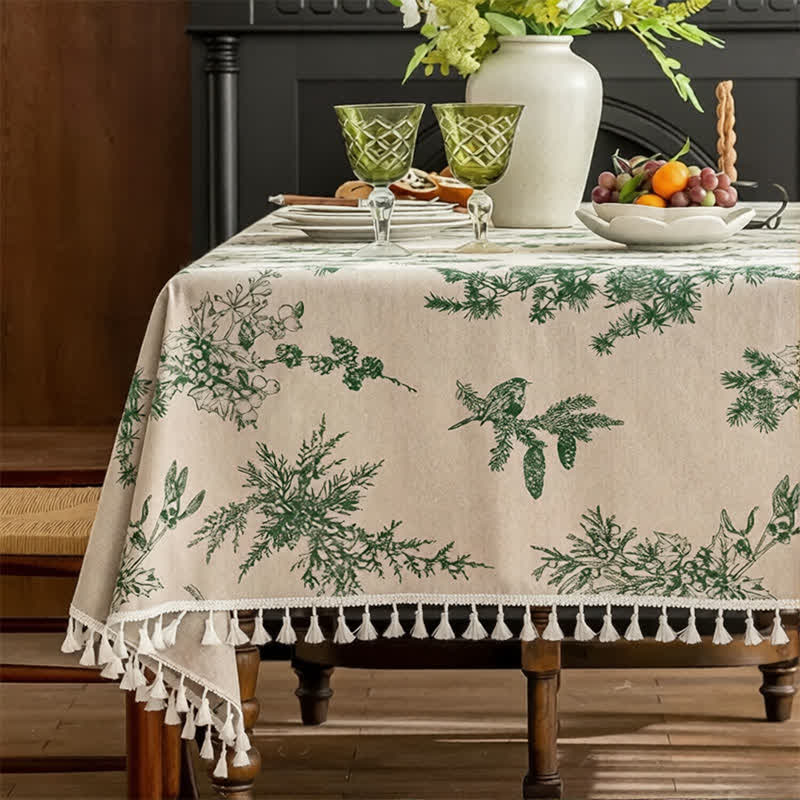 Tovaglia da pranzo con frange e stampa a motivi vegetali - Girare - 150cm - image 0