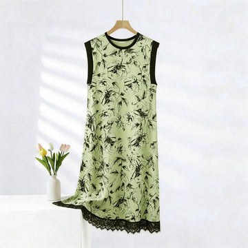 Camicia da notte senza maniche in pizzo di cotone con stampa floreale. - Verde - 2XL - image 0