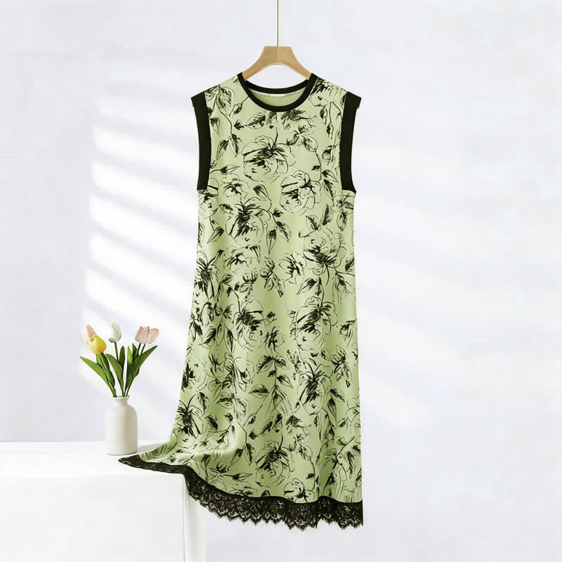 Camicia da notte senza maniche in pizzo di cotone con stampa floreale. - Verde - 2XL - image 0