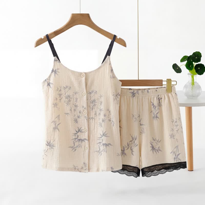 Elegante pigiama senza maniche con motivo a foglie - Beige - 2XL - image 0