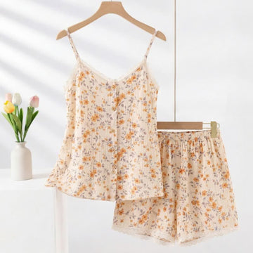 Completo pigiama senza maniche con stampa floreale in stile country - Beige - 2XL - image 0