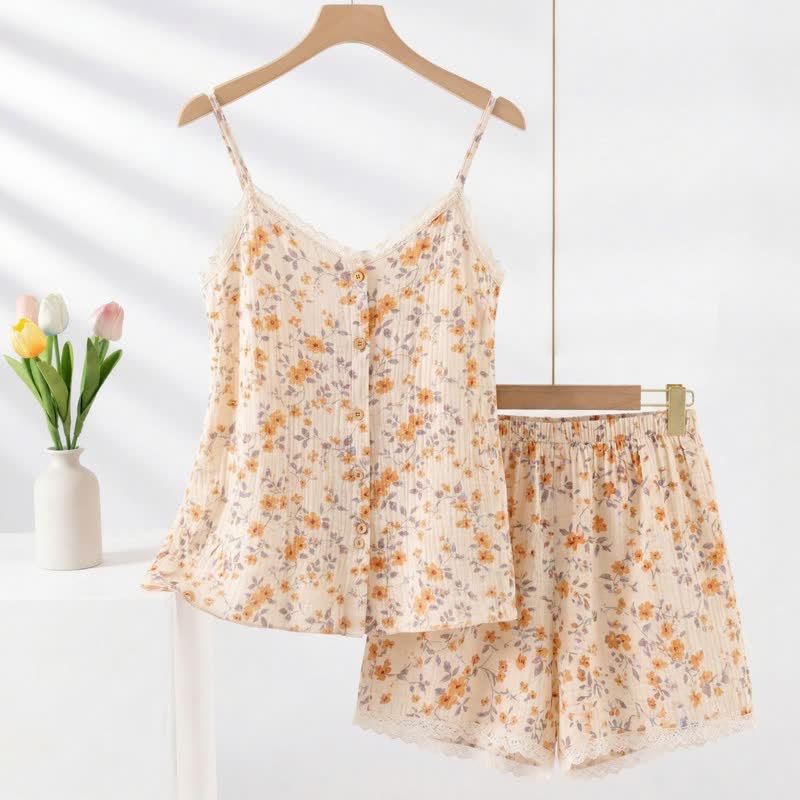 Completo pigiama senza maniche con stampa floreale in stile country - Beige - 2XL - image 0