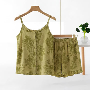 Set pigiama senza maniche vintage con motivo a foglie verdi - Verde - 2XL - image 0