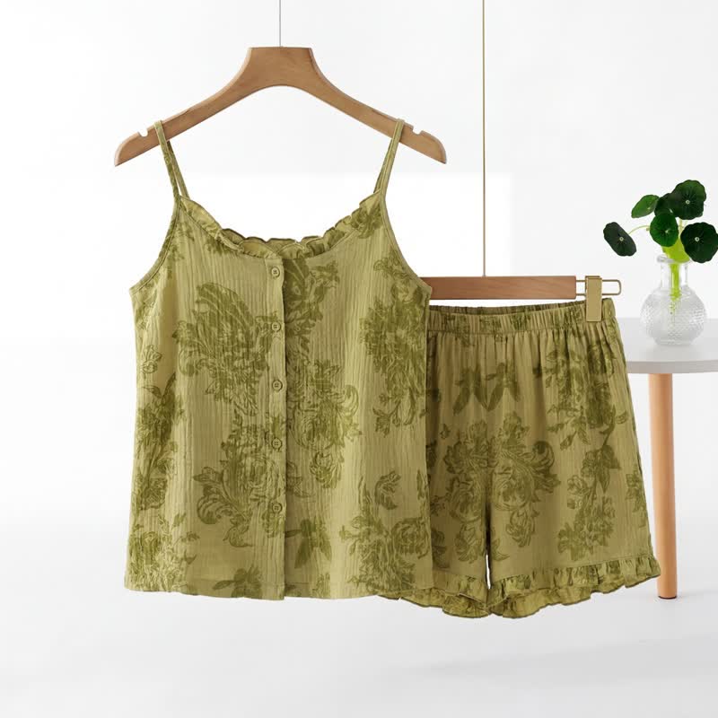 Set pigiama senza maniche vintage con motivo a foglie verdi - Verde - 2XL - image 0