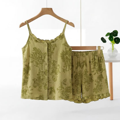 Set pigiama senza maniche vintage con motivo a foglie verdi - Verde - 2XL - image 0