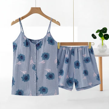 Set pigiama senza maniche con motivo girasoli blu - Blu - 2XL - image 0