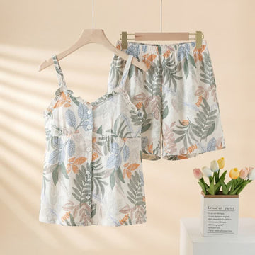 Set pigiama senza maniche con motivo a foglie botaniche - Beige - 2XL - image 0